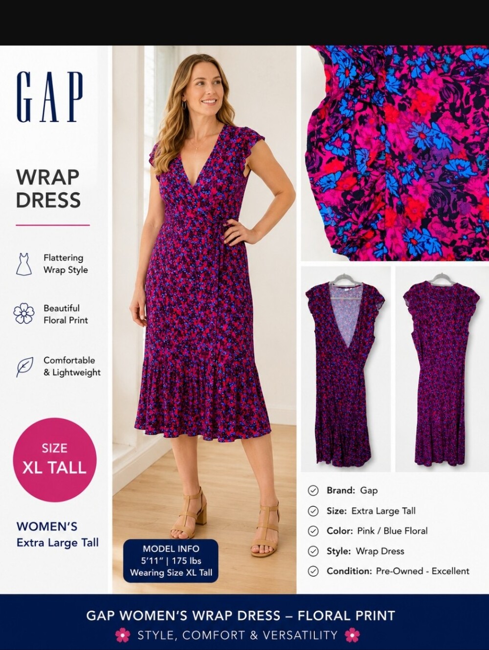 GAP Floral XL TALL Mid Light Weight Flowy Ruffle Bottom Flutter Sleeve Tie Waist